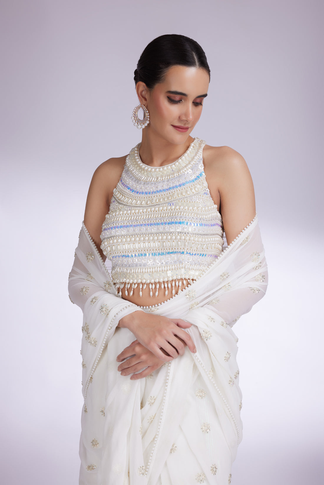 OYSTER MIST LAYERED PEARL SAREE