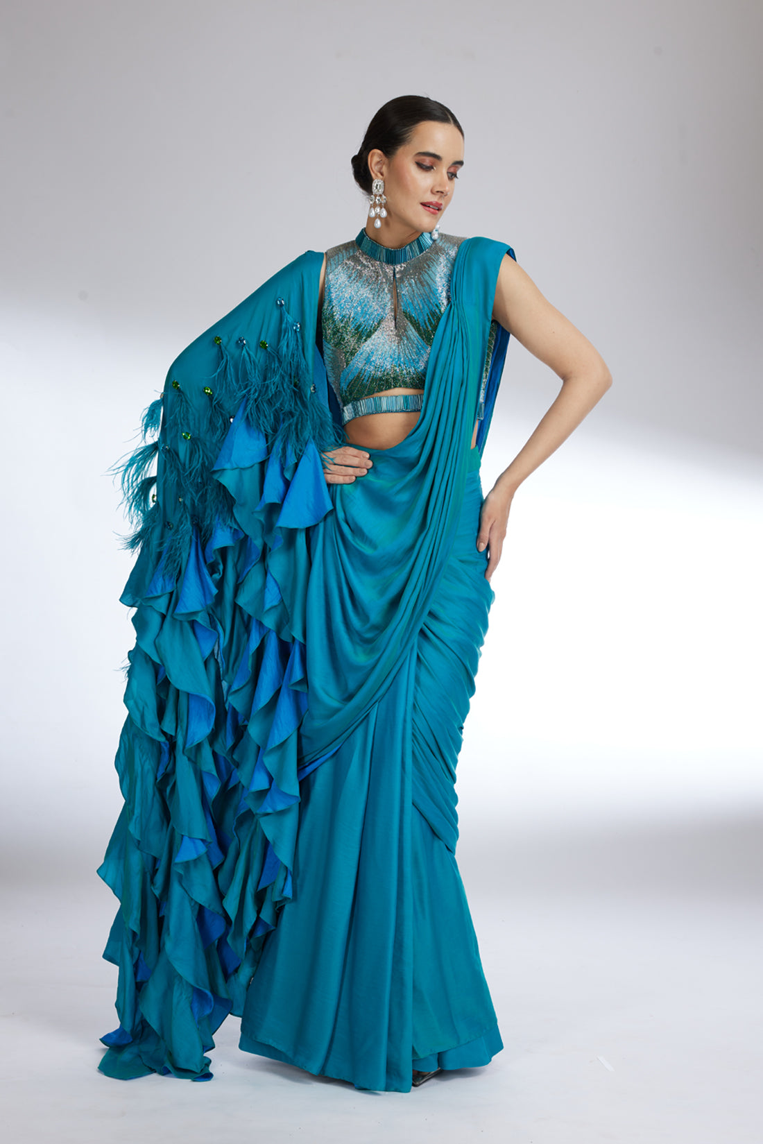 TEAL BLUE CASCADE SAREE