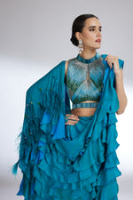 TEAL BLUE CASCADE SAREE