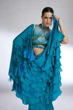 TEAL BLUE CASCADE SAREE
