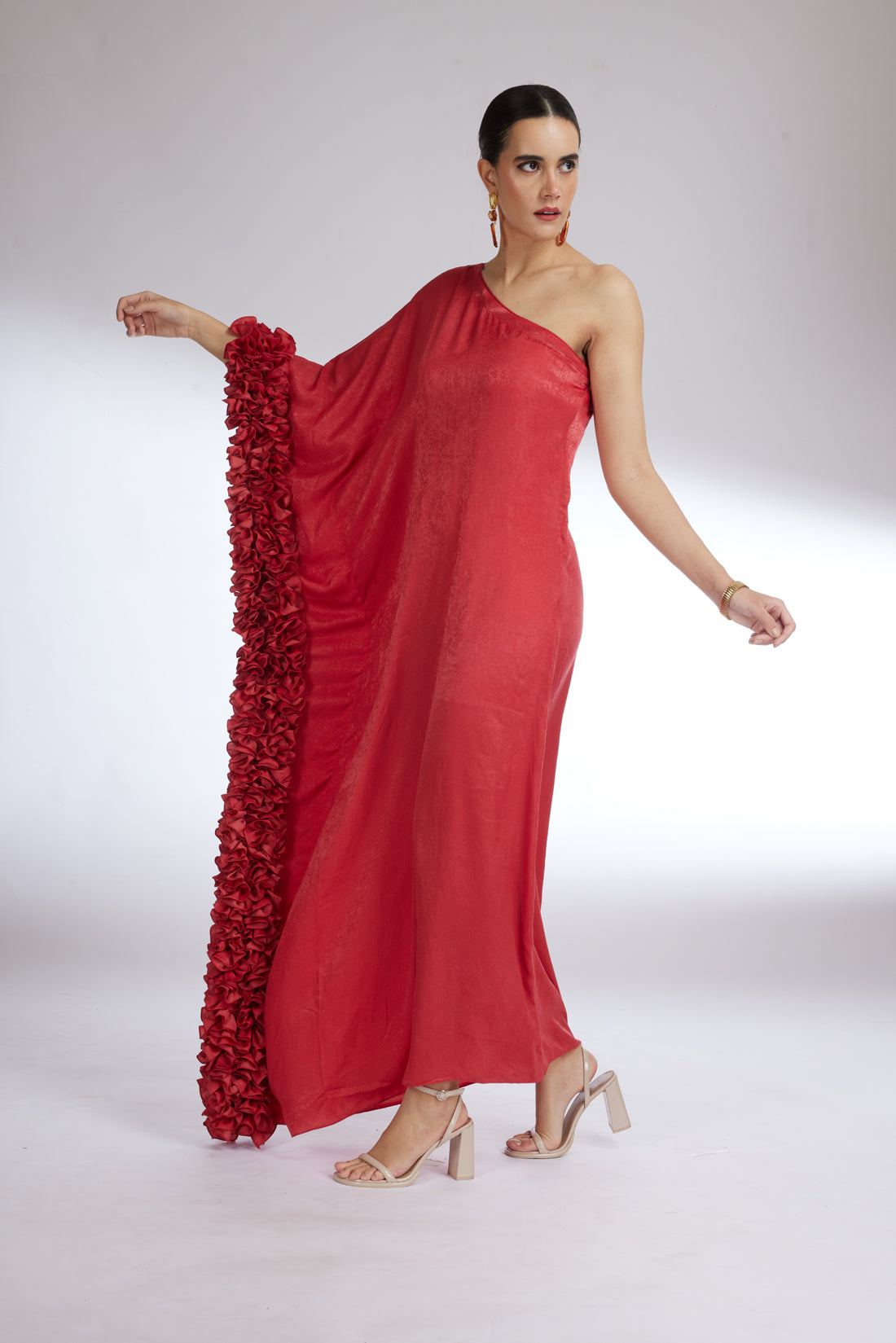 RUSTY FLOUNCE ONE SHOULDER GOWN