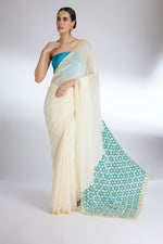 IVORY TURQUOISE PETA BLOOM PALLU