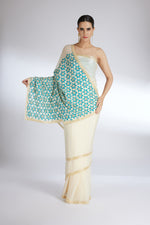 IVORY TURQUOISE PETA BLOOM PALLU