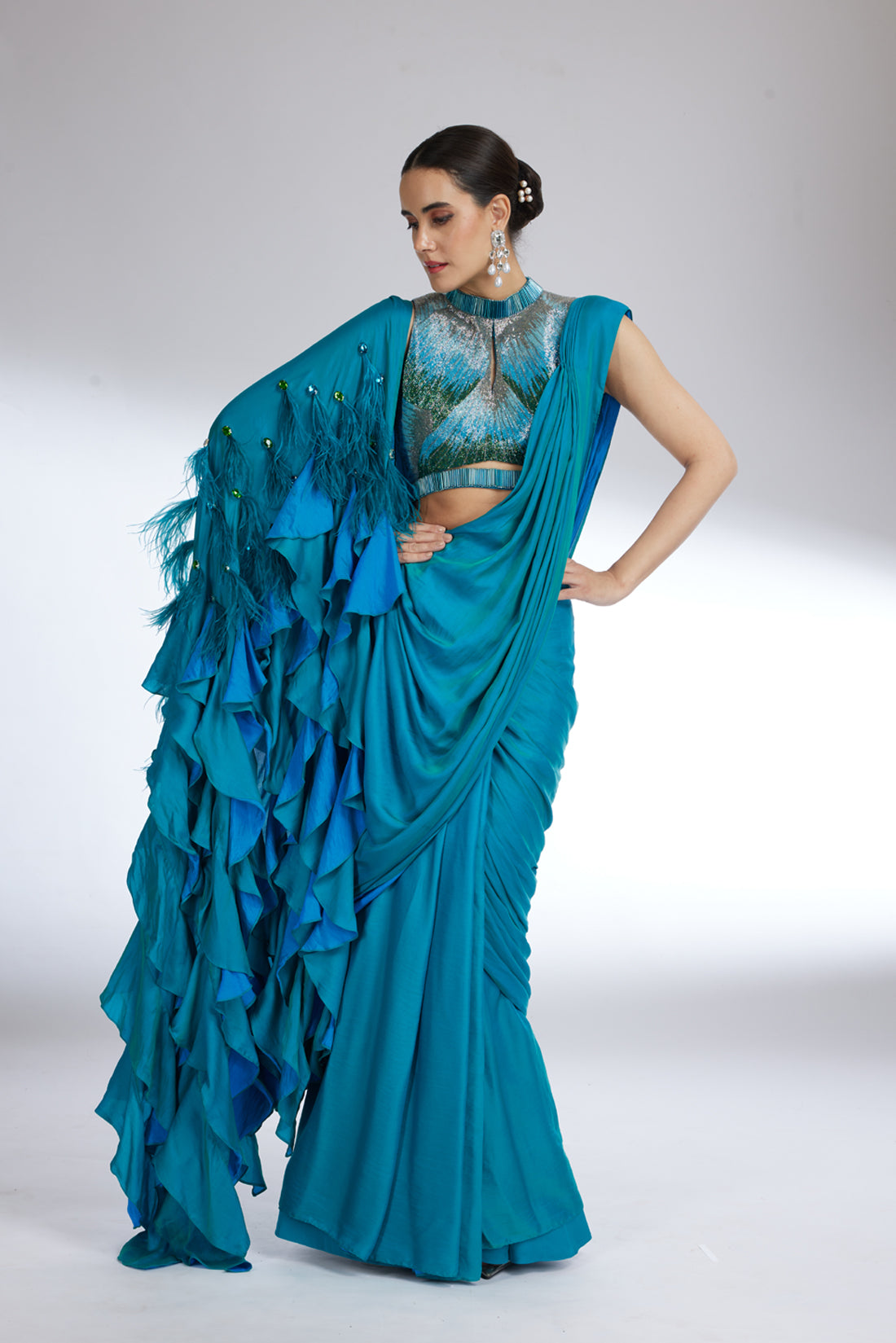 TEAL BLUE CASCADE SAREE
