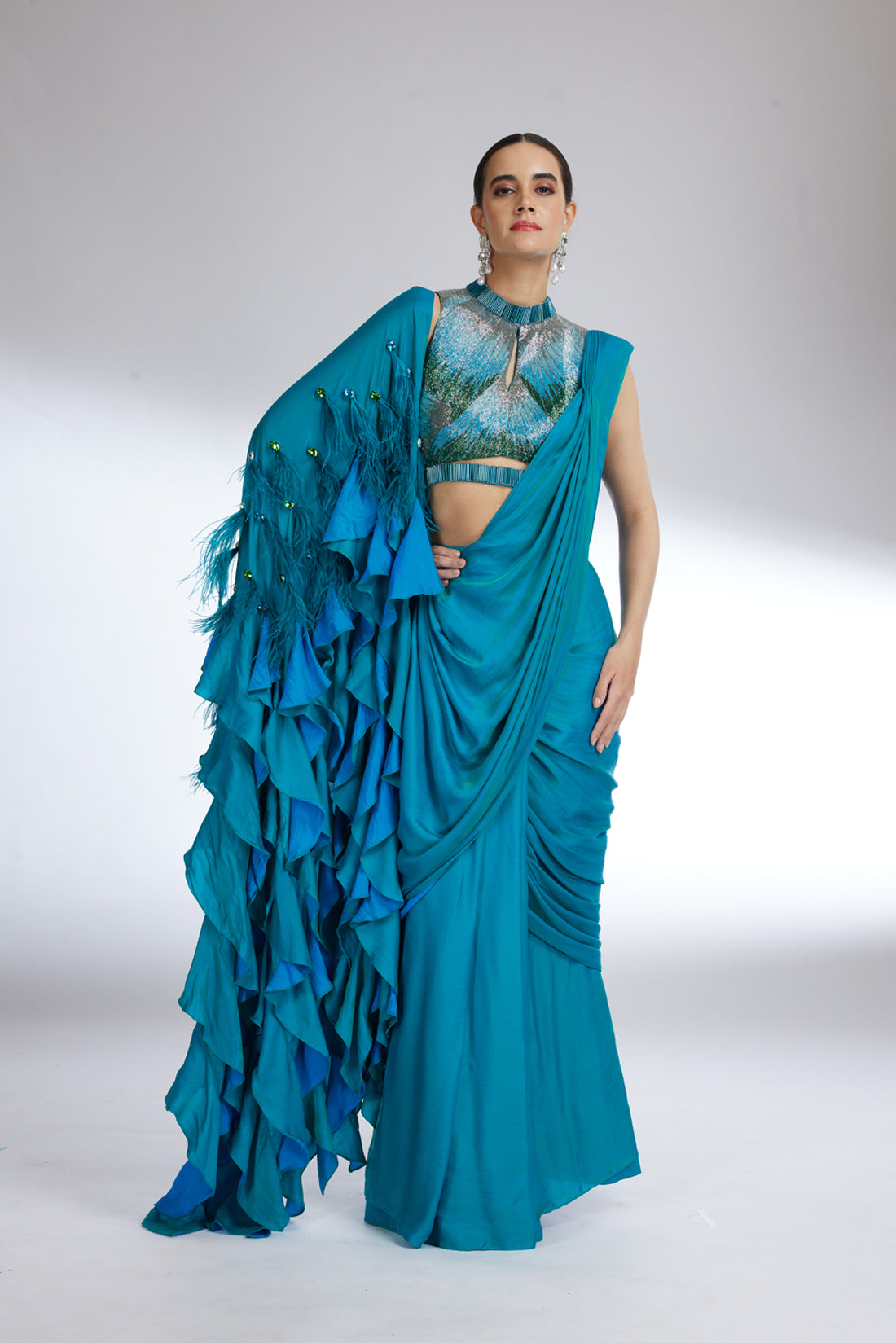 TEAL BLUE CASCADE SAREE