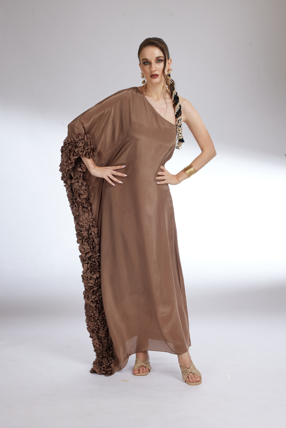 COCOA FLOUNCE ONE SHOULDER GOWN