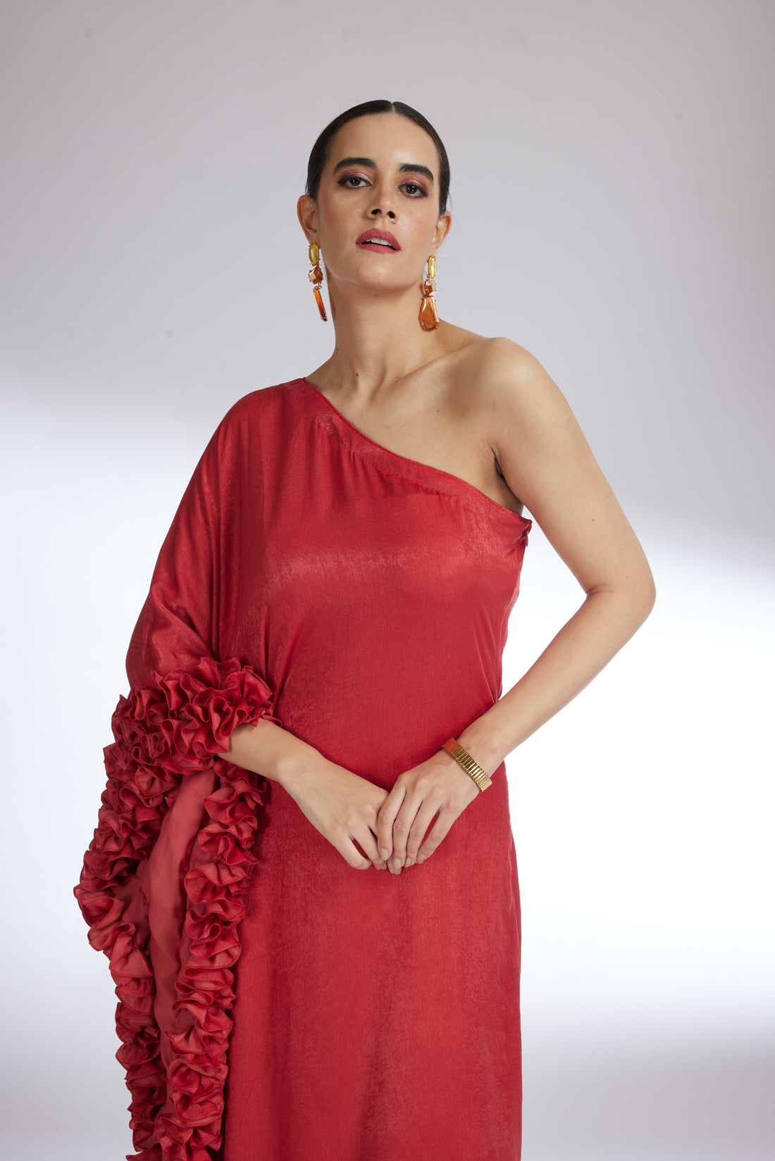 RUSTY FLOUNCE ONE SHOULDER GOWN